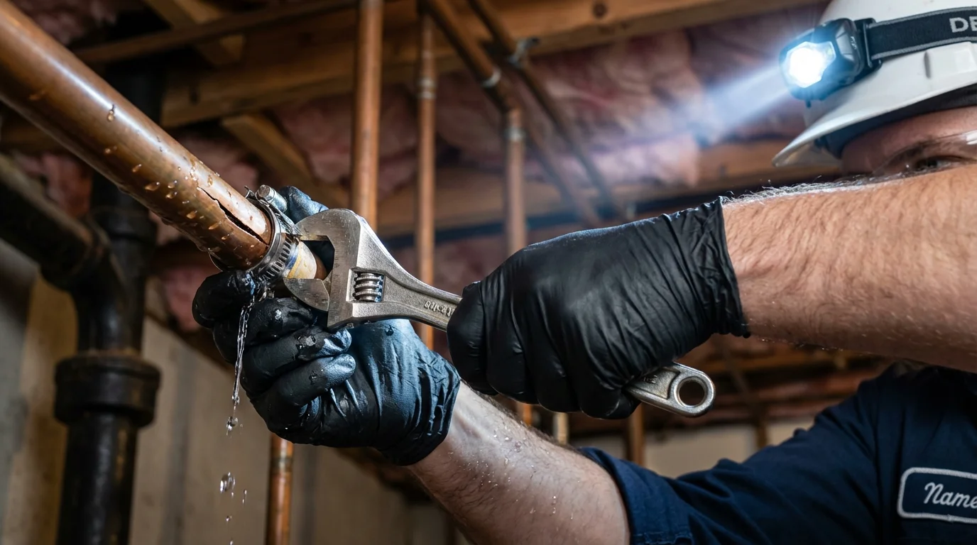 Emergency pipe clamp repair being performed by a Johns Plumbing LLC plumber in Lebanon