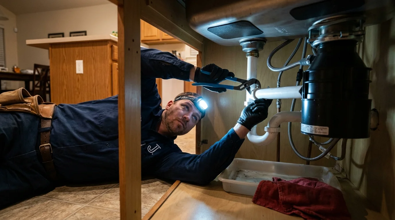 P-trap and supply line connections under a kitchen sink showing a common leak point in Lebanon, MO